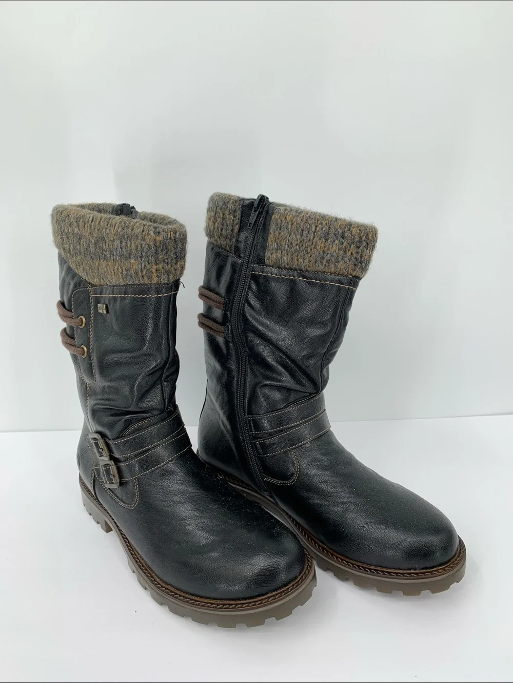 Remonte mid calf short boots winter fleece black leather zipper knit new 39 9